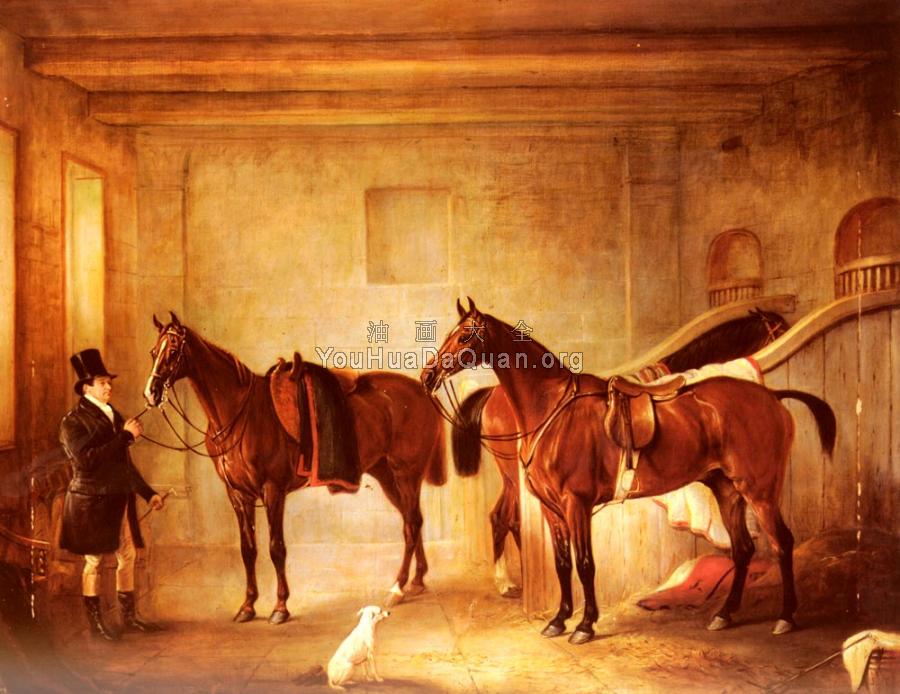 Sir John Thorold's Bay Hunters With Their Groom In A Stable - 约翰·弗恩利